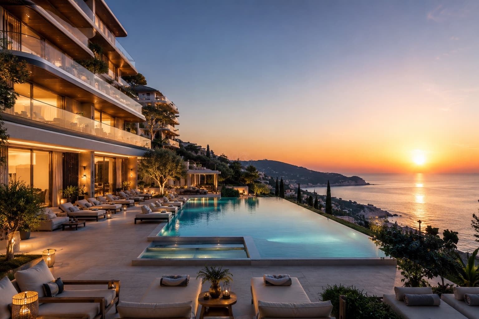 Luxe hotelresort met infinity pool aan de kust bij zonsondergang